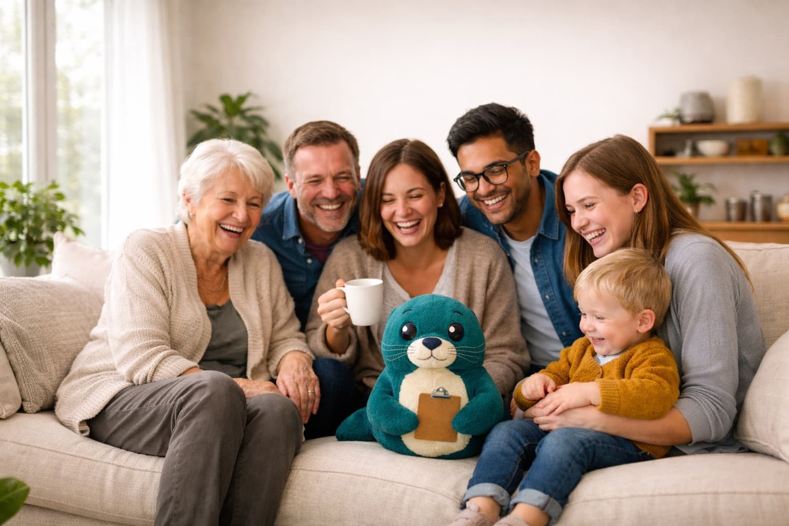 A family laughing together on a sofa holding a SavvyPlace Savvy-the-Seal plush toy
