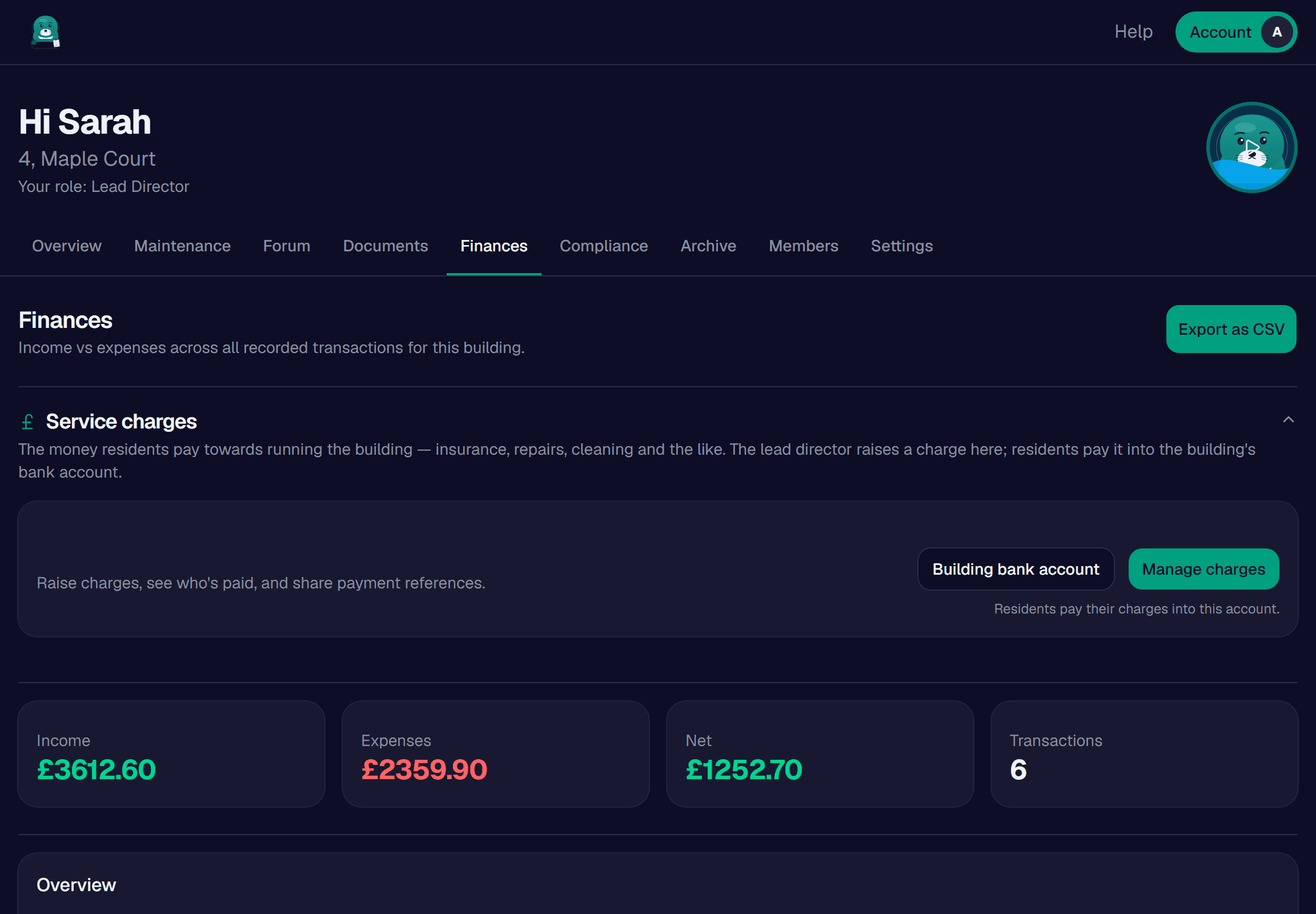 SavvyPlace finances page showing income, expenses, net position and transaction summary cards