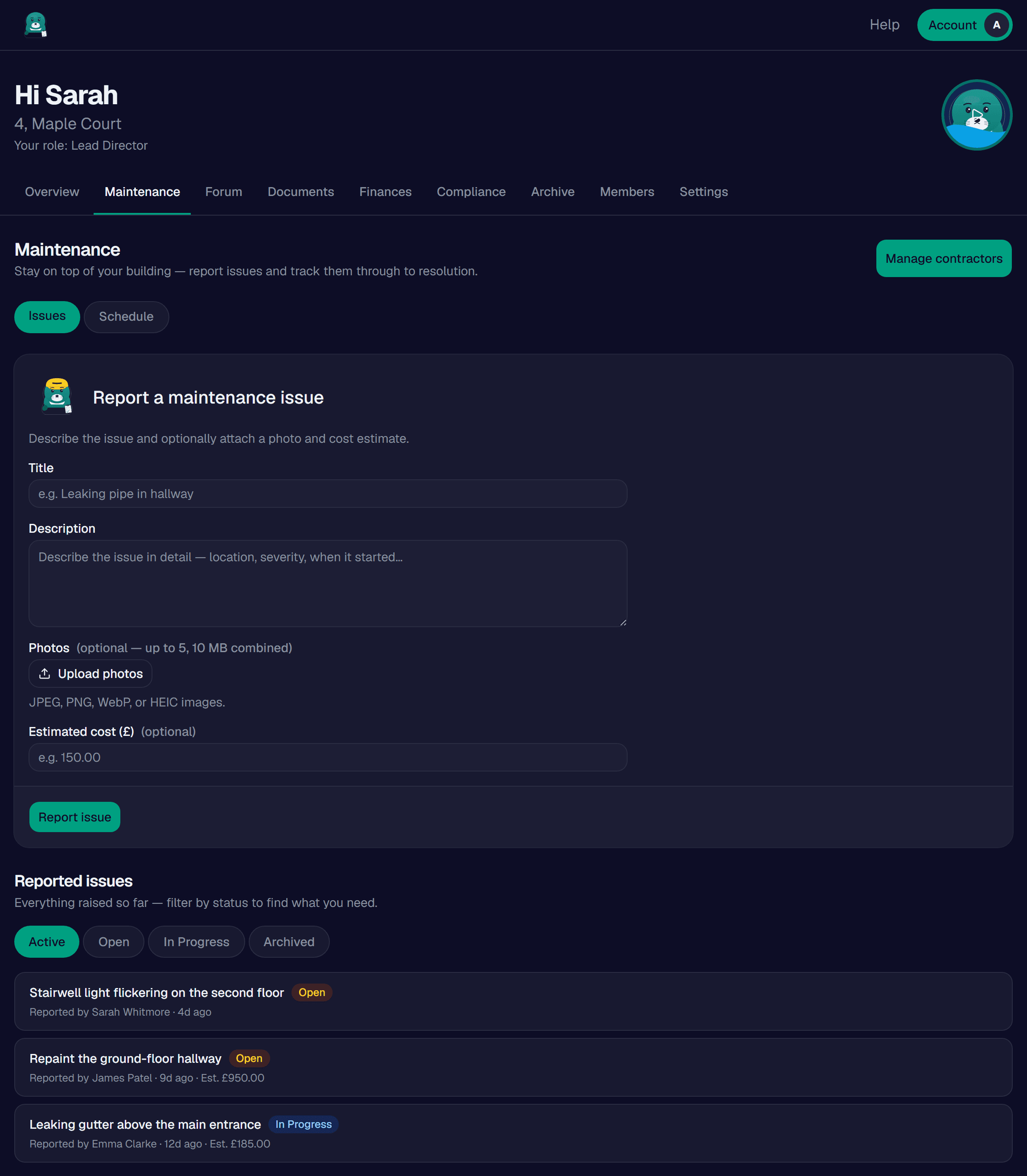 SavvyPlace maintenance page showing a report-an-issue form and a list of reported issues with status badges