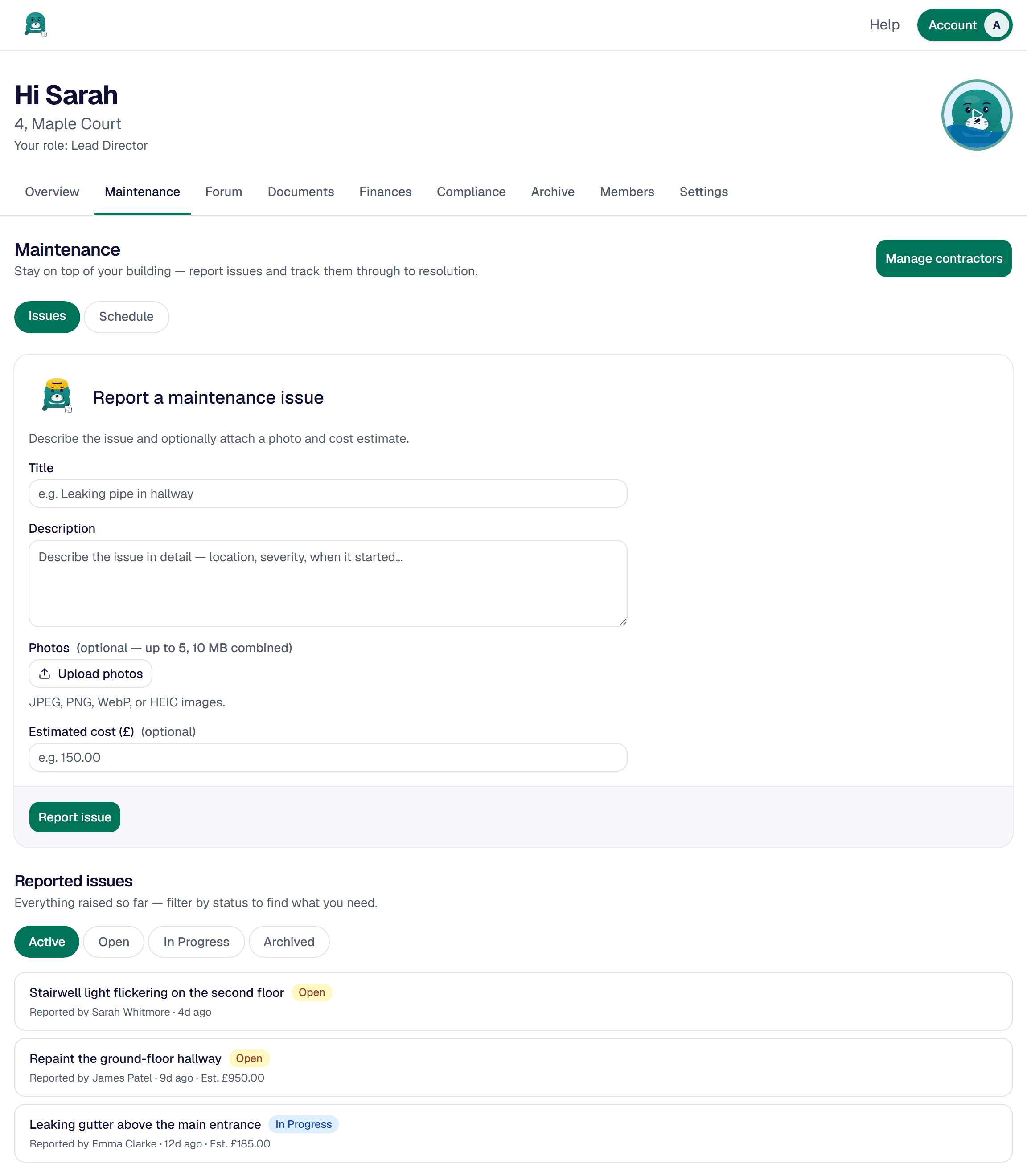 SavvyPlace maintenance page showing a report-an-issue form and a list of reported issues with status badges
