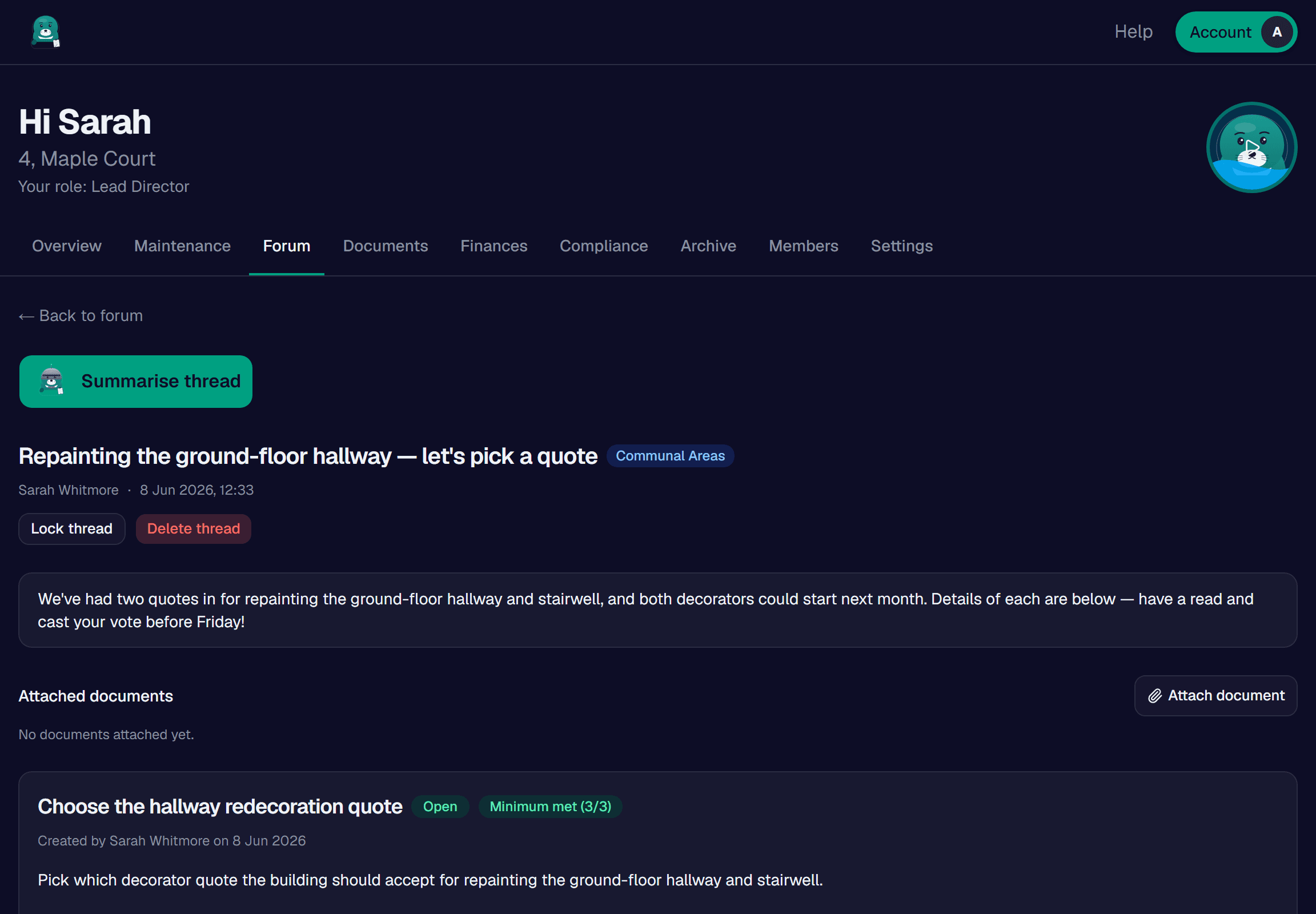 SavvyPlace vote page showing live tallies for a redecoration decision, with a deadline countdown and a minimum-votes indicator