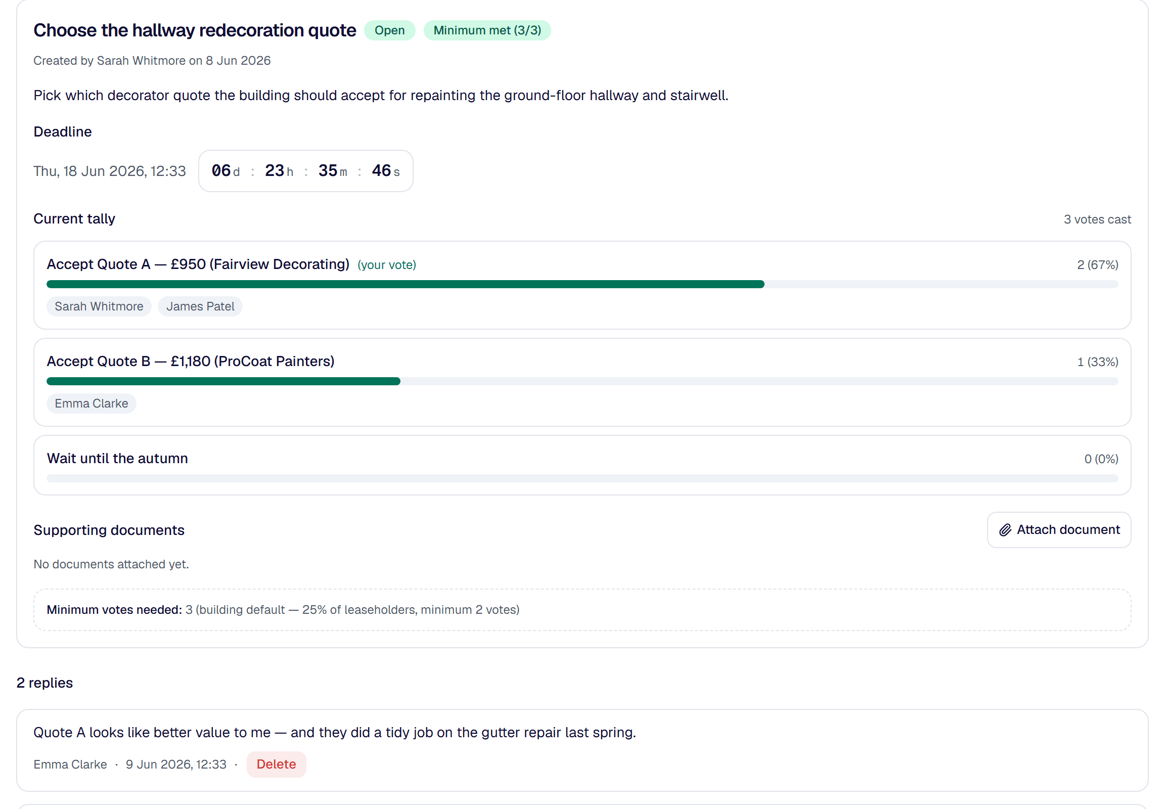 SavvyPlace vote page showing live tallies for a redecoration decision, with a deadline countdown and a minimum-votes indicator